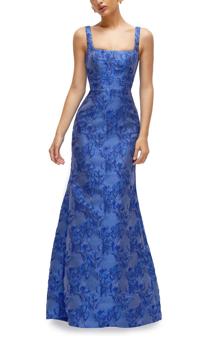 Metallic Jacquard Trumpet Gown, Main, color, COBALT JACQUARD
