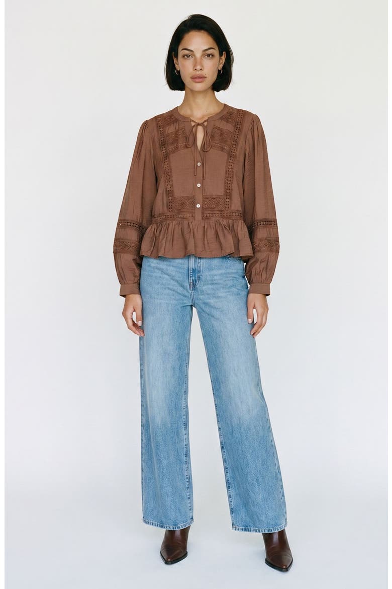 Jules Lace Inset Peplum Top, Alternate, color, COCOA BROWN