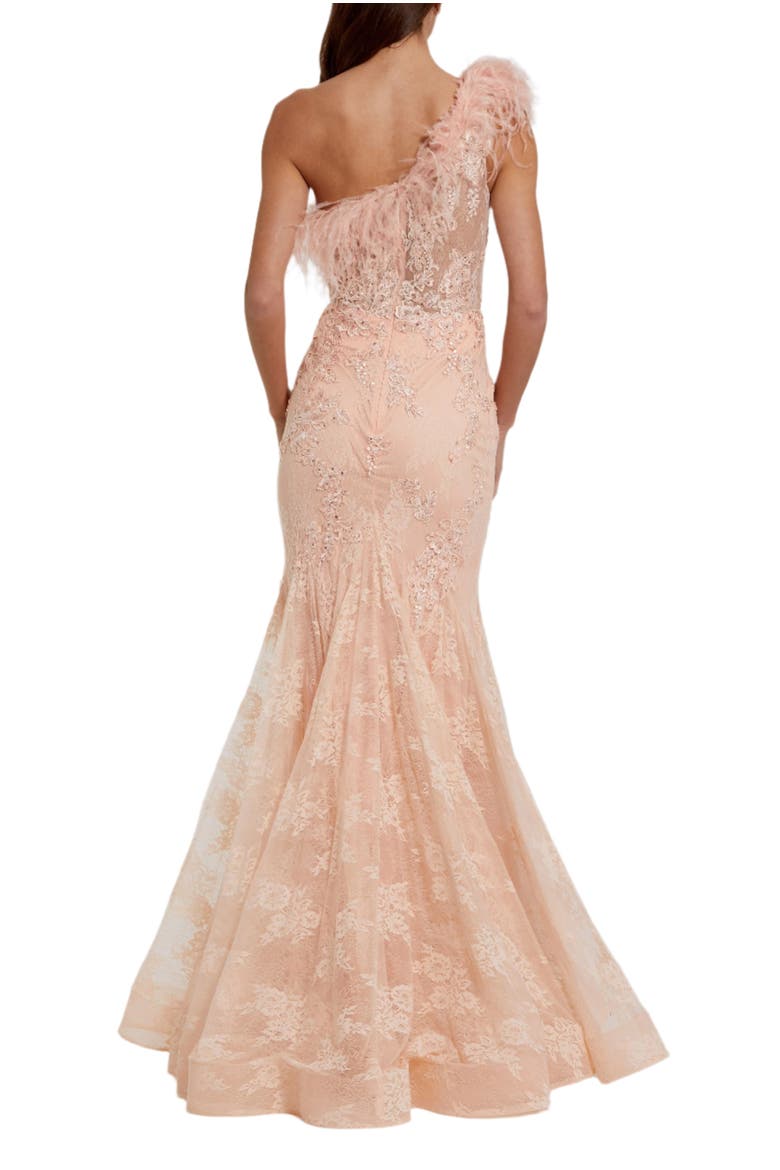 One Shoulder Feather Embellished Mermaid Gown, Alternate, color, Peach