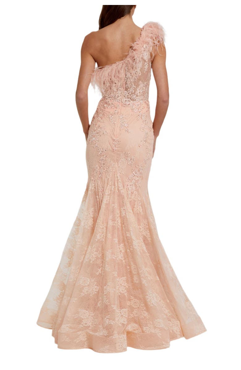 Mac Duggal One Shoulder Feather Embellished Mermaid Gown, Alternate, color, Peach