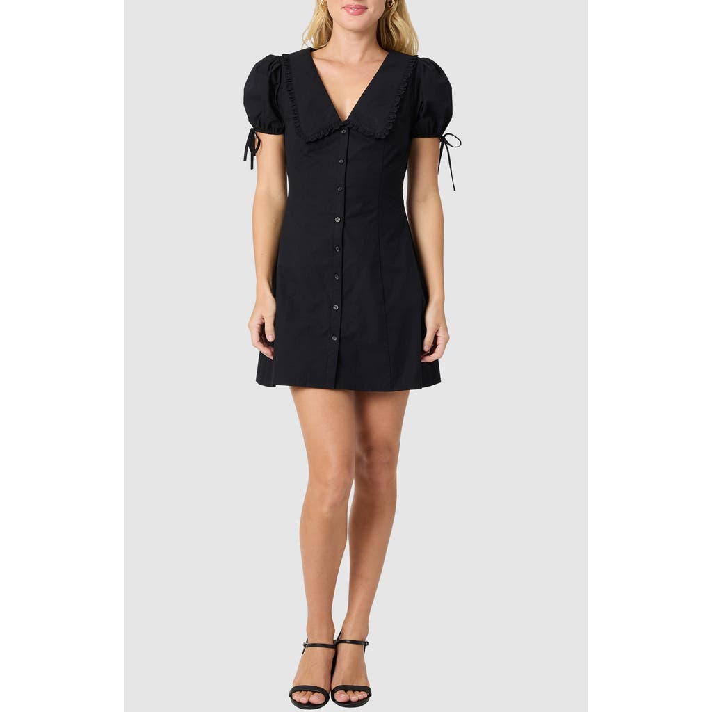 Lush Collared Puff Sleeve Cotton Shirtdress In Black