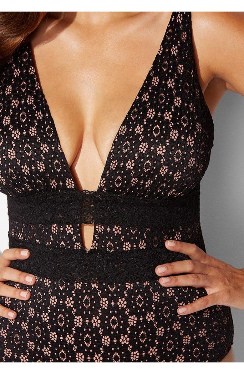 Swimsuits for All Lace Plunge One Piece Swimsuit, Alternate, color, Black Lace