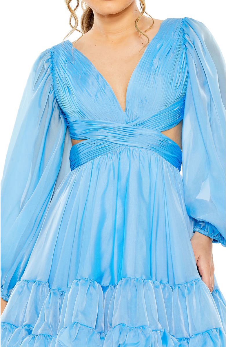 Mac Duggal Flirty Chiffon Mini Dress with Puff Sleeves, Tiered Skirt & Daring Lace-Up Back, Alternate, color, Blue
