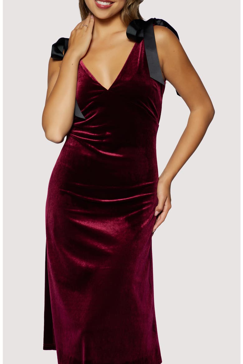 Adorned Virtue Bow Detail Velvet Midi Dress, Alternate, color, PLUM