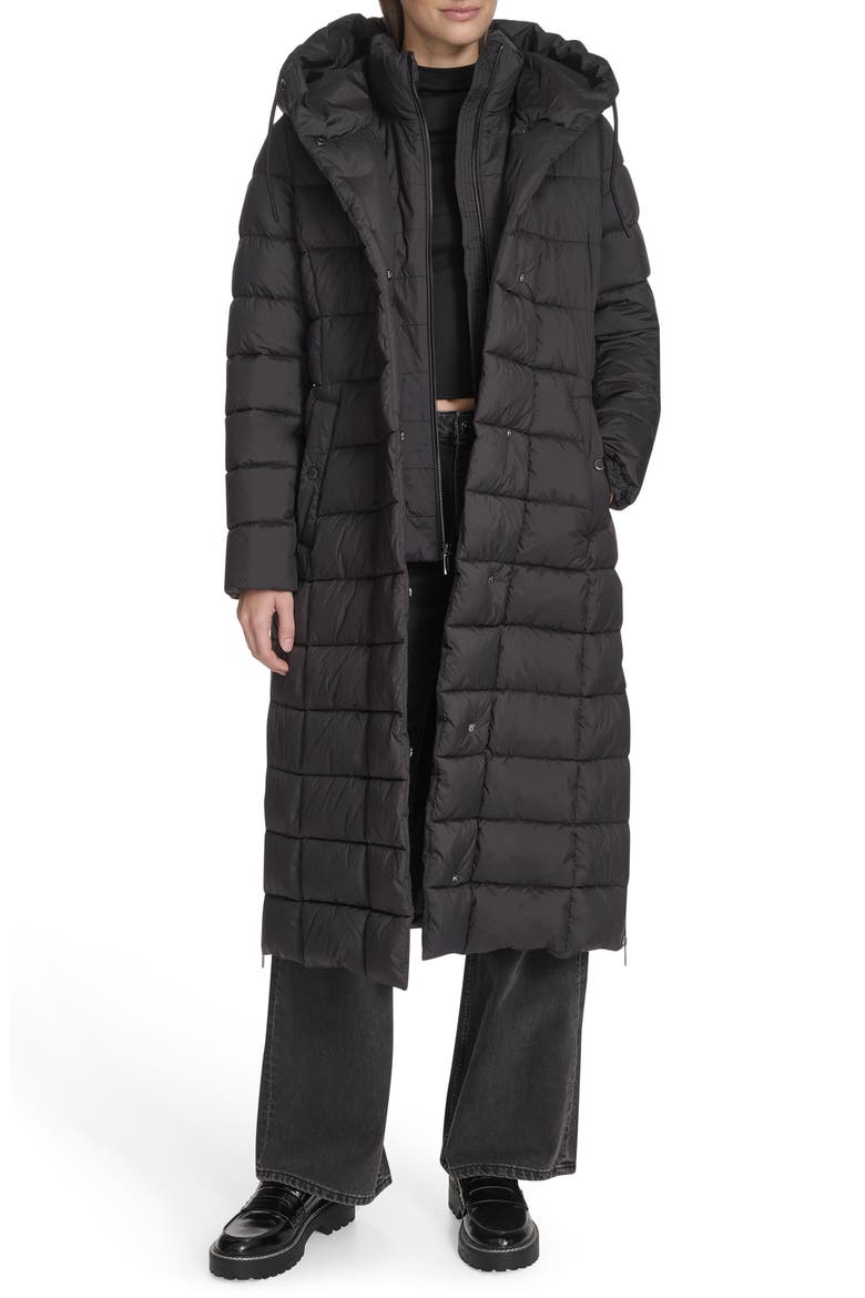 Water Resistant Stadium Length Quilted Puffer Coat, Alternate, color, BLACK