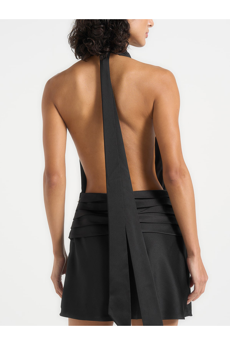 Christelle Cowl Halter Open Back Rosette Mini Dress, Alternate, color, Black