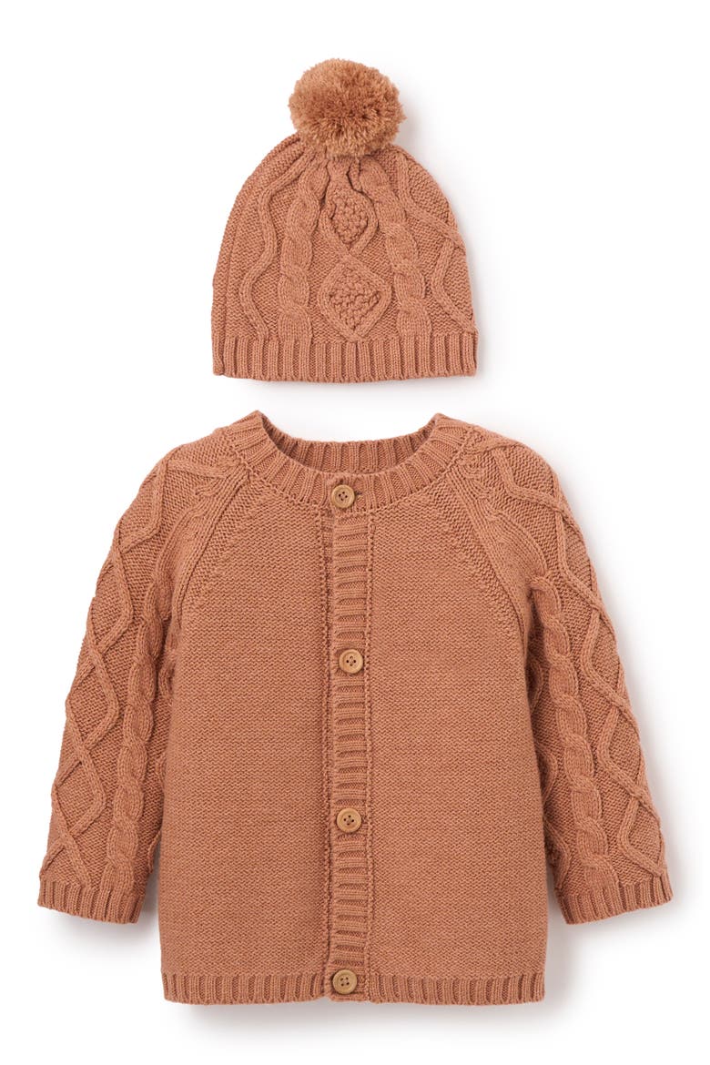 Diamond Cable Stitch Cotton Blend Cardigan & Hat Set, Main, color, RUST