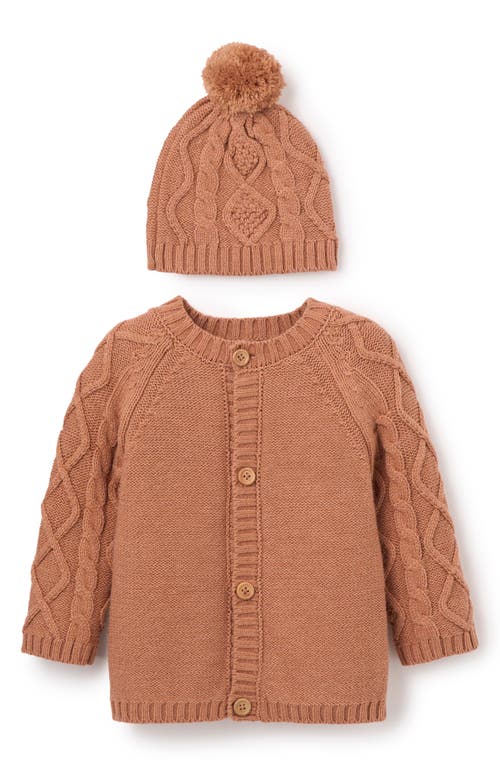 Elegant Baby Diamond Cable Stitch Cotton Blend Cardigan & Hat Set In Rust