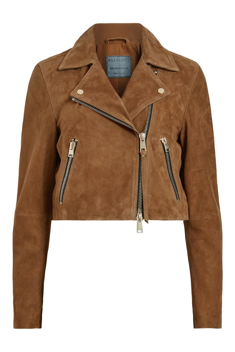 Dalby Crop Suede Moto Jacket, Alternate, color, SUGAR BROWN
