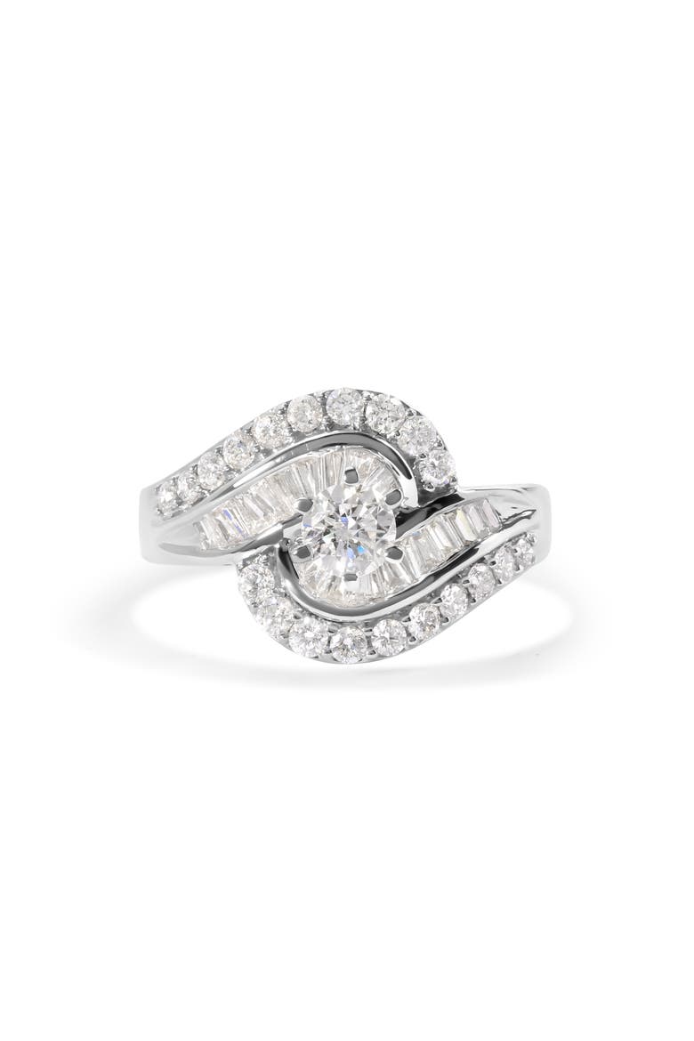 14K White Gold 1.00 Cttw Round and Baguette cut Diamond Swirl Cocktail Ring (H-I Color, SI2-I1 Clarity) - Ring Size 7, Alternate, color, White Gold