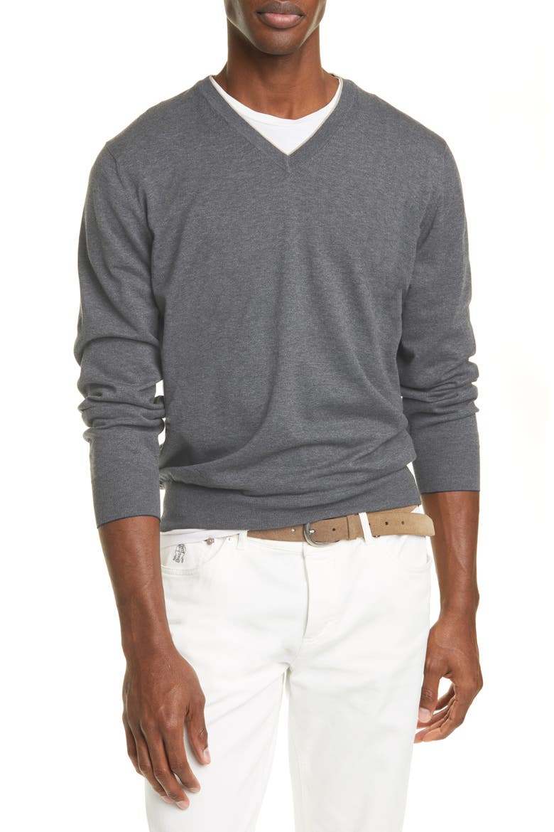 Cotton V-Neck Sweater, Main, color, CHARCOAL