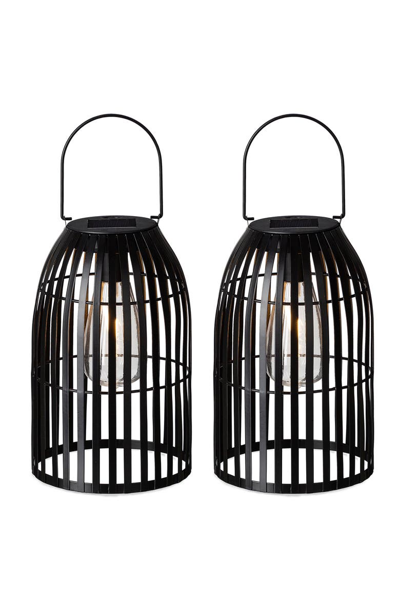 Glitzhome Set of 2 Metal Woven Solar Powered Outdoor Hanging Lantern with Edison Bulb, Main, color, Black