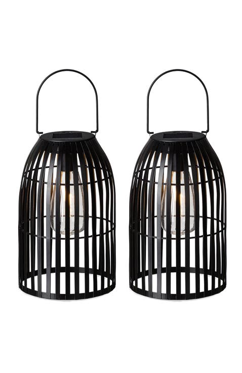 Set of 2 Metal Woven Solar Powered Outdoor Hanging Lantern with Edison Bulb