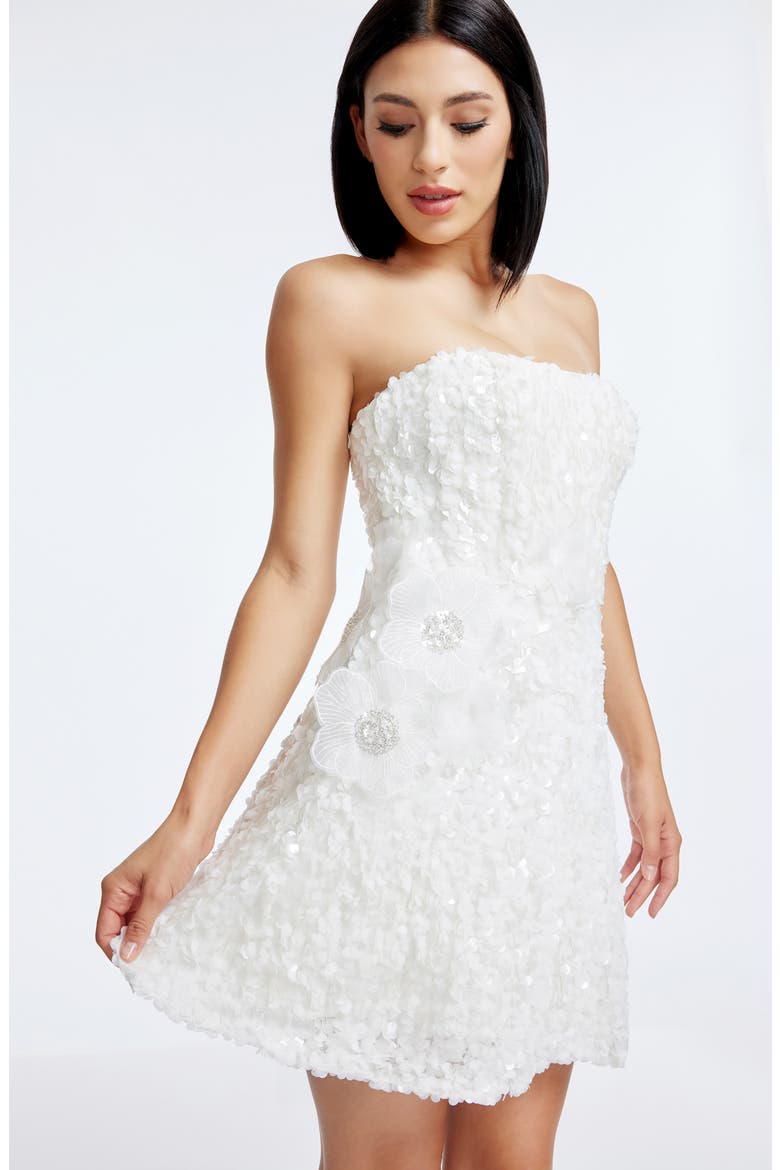 Sasha Floral Appliqué Strapless Cocktail Minidress, Alternate, color, WHITE