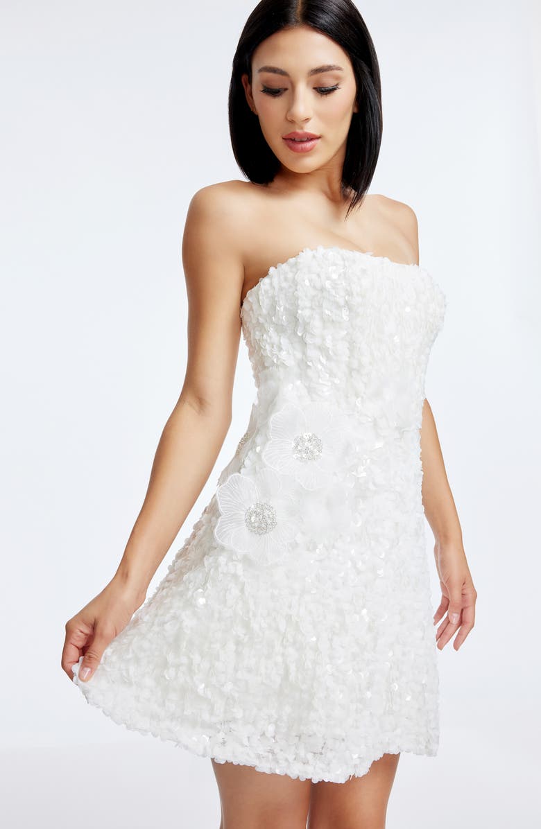 Dress the Population Sasha Floral Appliqué Strapless Cocktail Minidress, Alternate, color, White