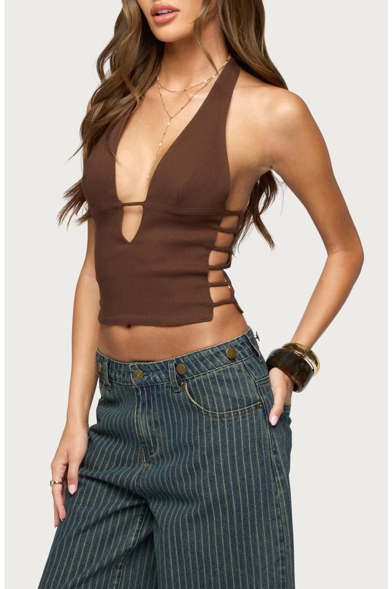 Plunge Neck Cutout Halter Top, Alternate, color, BROWN