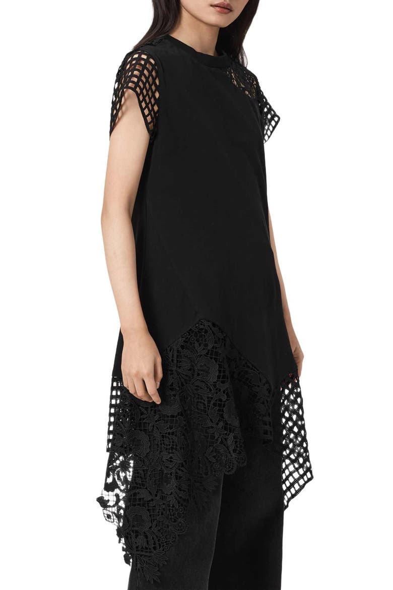 Zala Asymmetric Crochet Dress, Alternate, color, BLACK