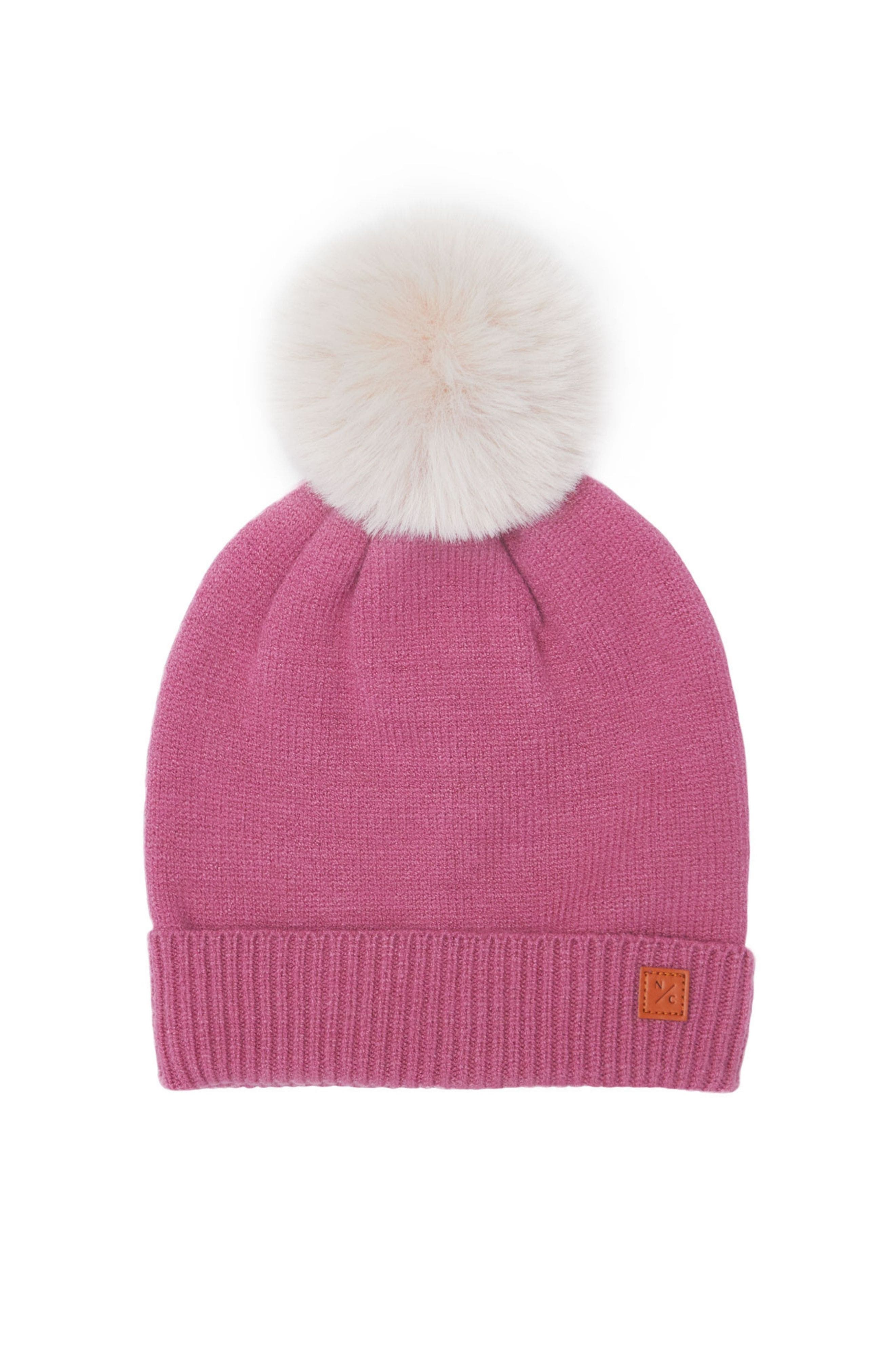 Northern Classics Knit Winter Hat with Faux Fur Pom in Rose Pink 