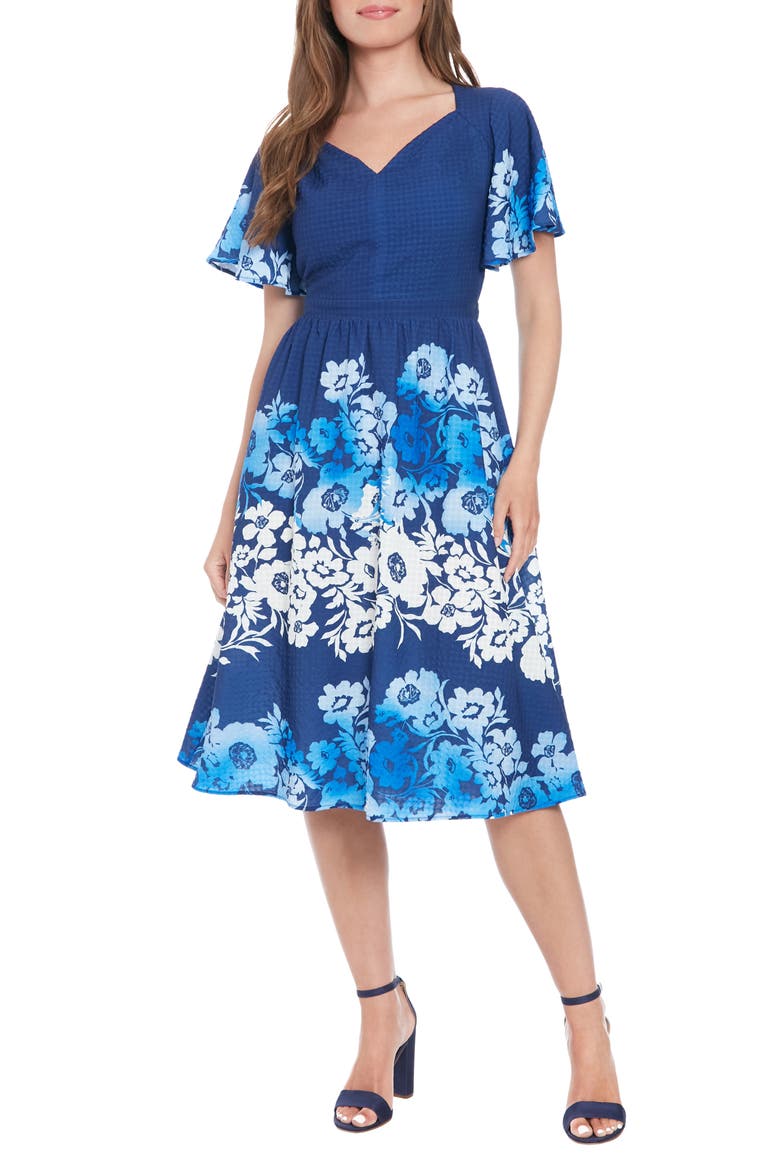 Flutter Sleeve Fit & Flare Midi Dress, Main, color, NAVY/ COBALT