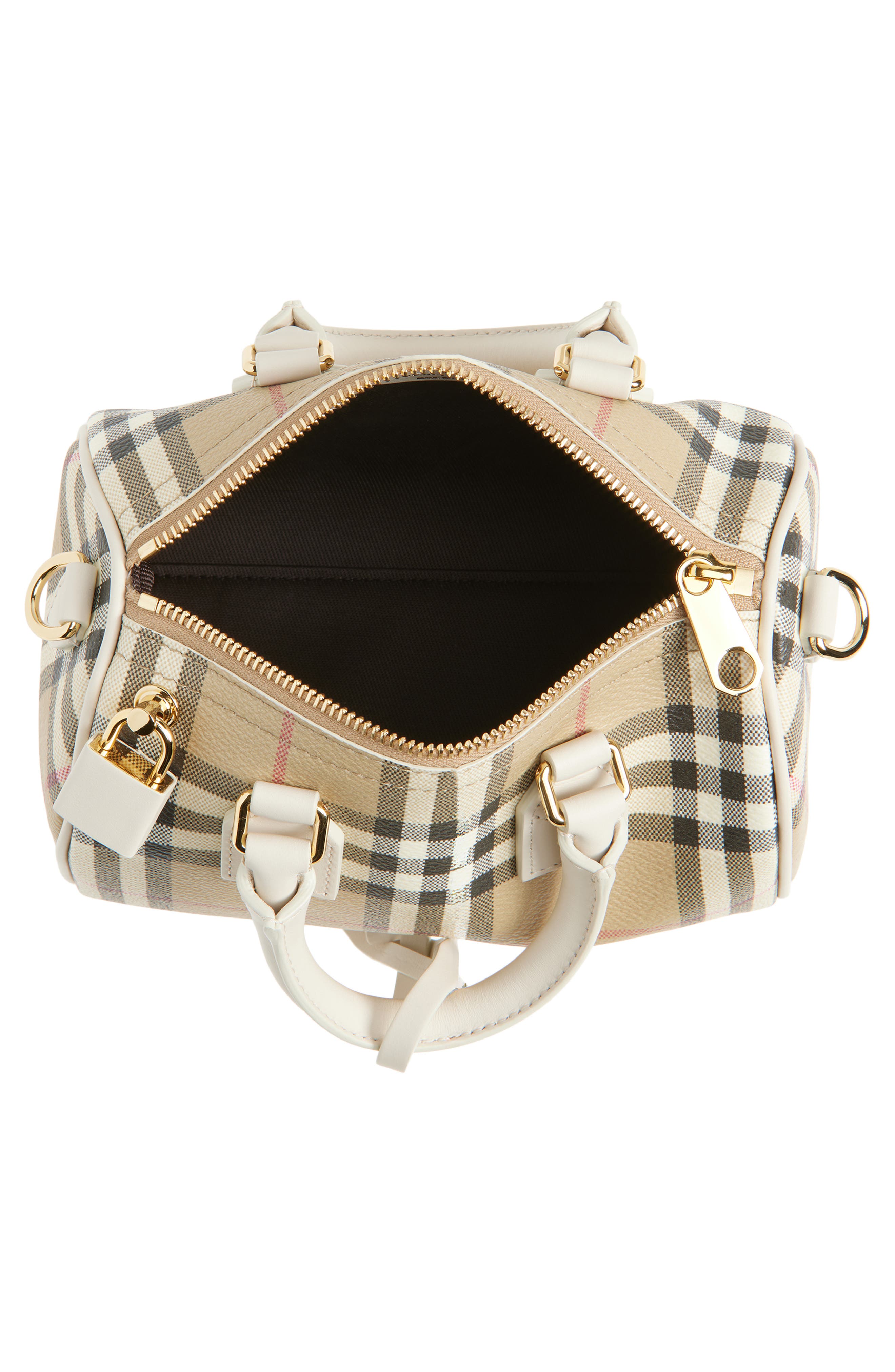 Burberry Mini Leather Bowling Bag, Alternate, color, Vintage Check/ Soap