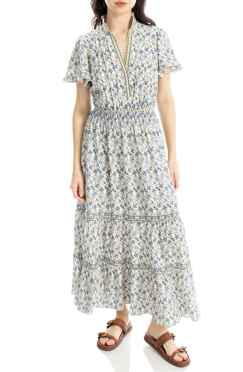 MAX STUDIO Flutter Sleeve Maxi Dress, Alternate, color, Cream/ Sky