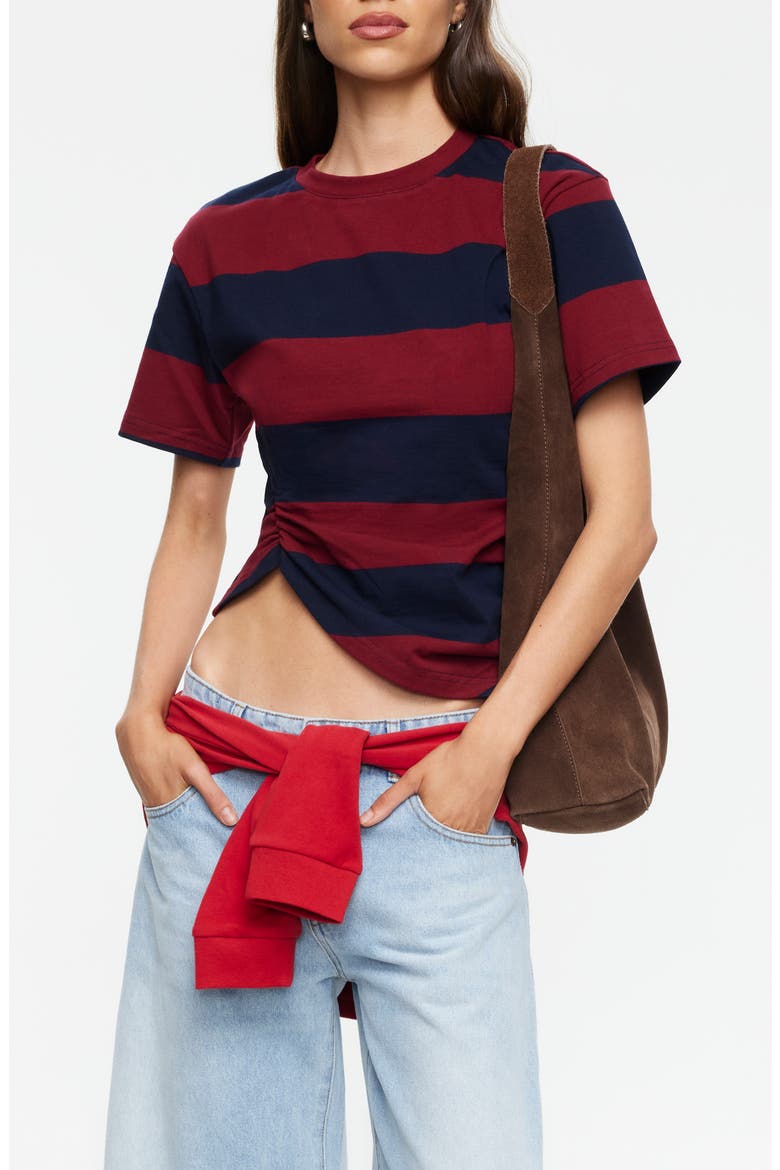 In Transit Stripe Ruched Cotton Crop T-Shirt, Main, color, BURGUNDY STRIPE