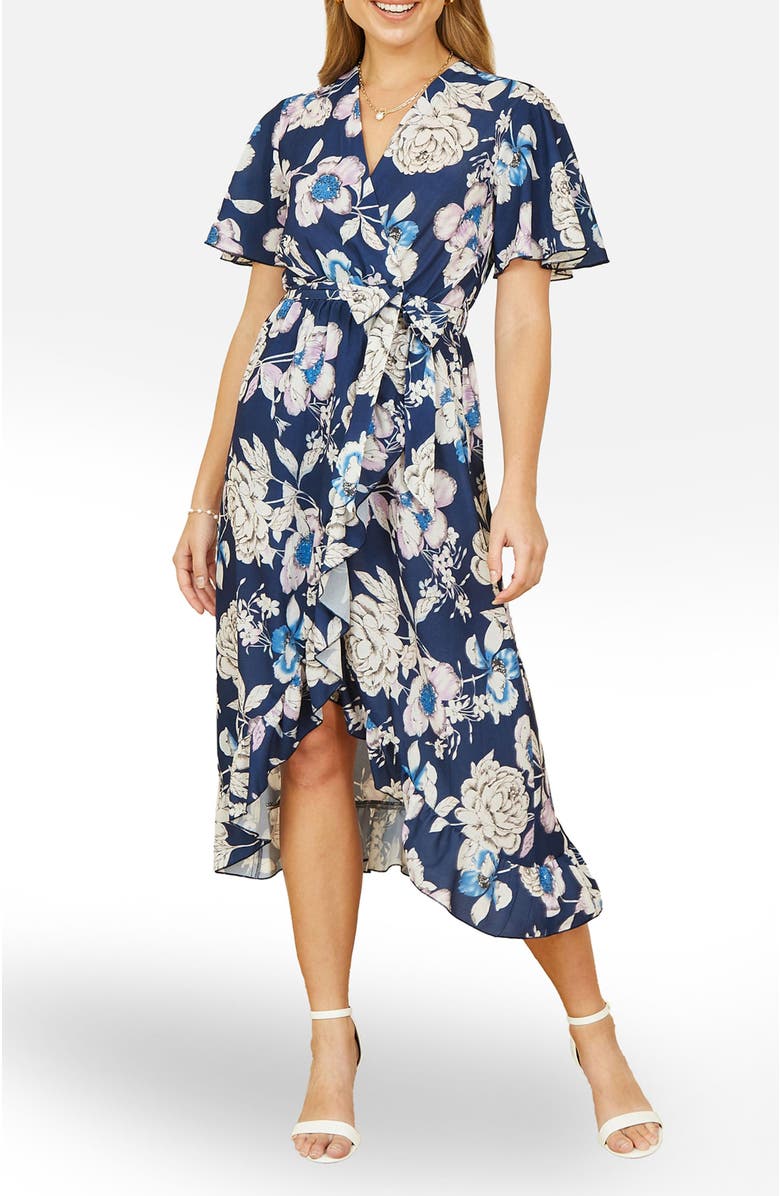 Yumi Floral Midi Wrap Dress, Alternate, color, Navy