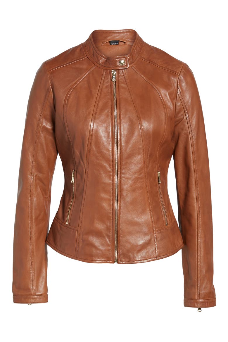 Collarless Leather Moto Jacket, Alternate, color, COGNAC