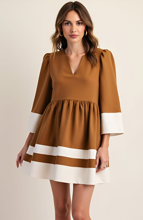 Modenaire Fit-and-flare Mini V-neck Cuffed-sleeve Contrast-trim Dress In Brown