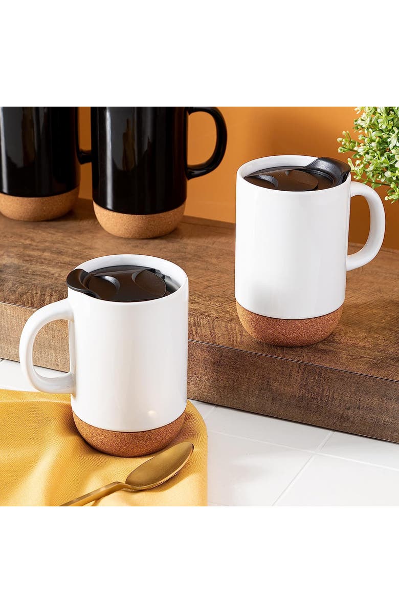 Gibson Home Modani 4 Piece 16.5 Ounce Stoneware Travel Mug Set with Lid and Cork Base, Alternate, color, Black