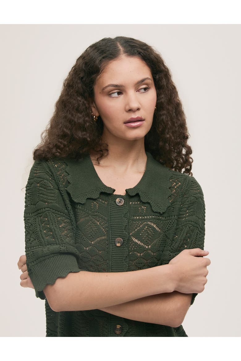 Marlowe Short Sleeve Crochet Cardigan, Alternate, color, Khaki