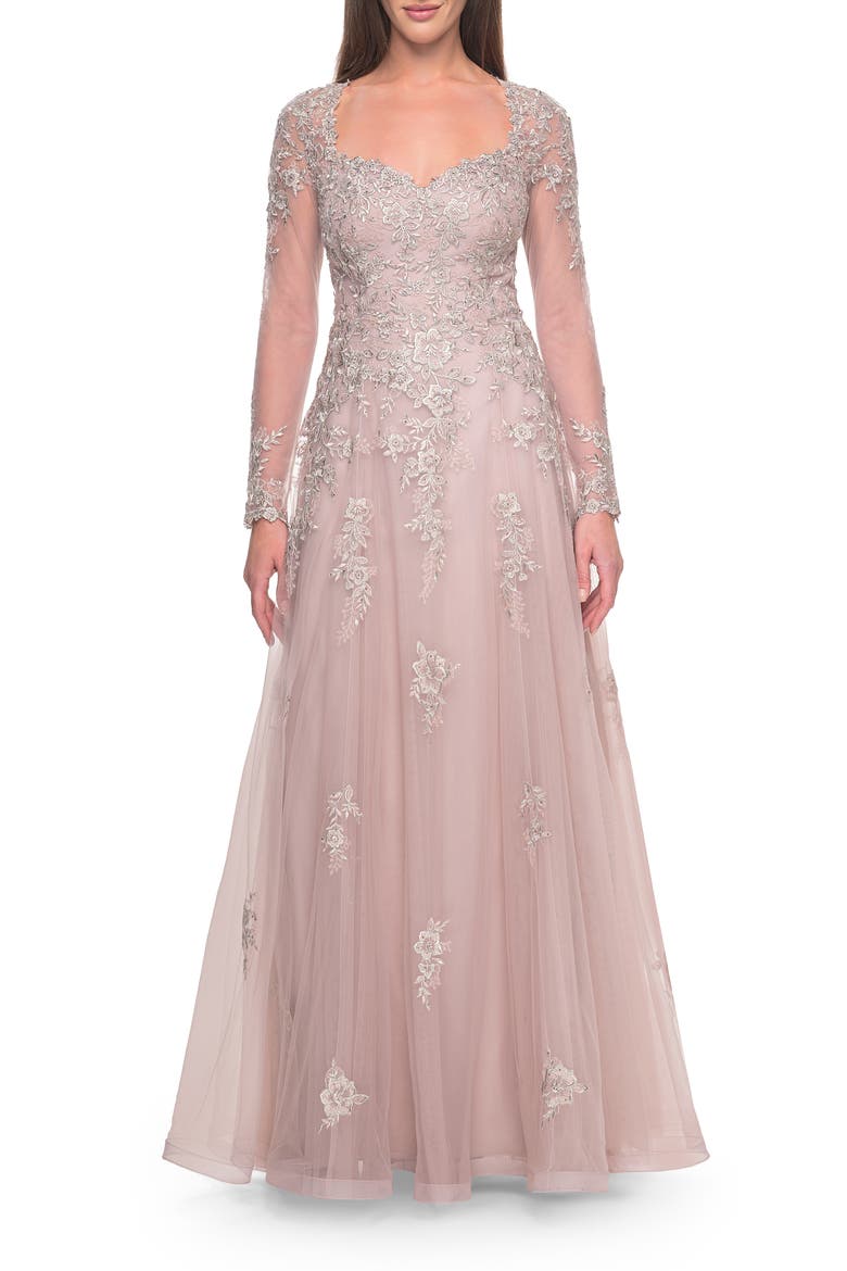 Beautiful A-line Tulle and Lace Long Sleeve Gown, Main, color, Dusty Mauve