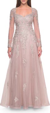 La Femme Beautiful A-line Tulle and Lace Long Sleeve Gown