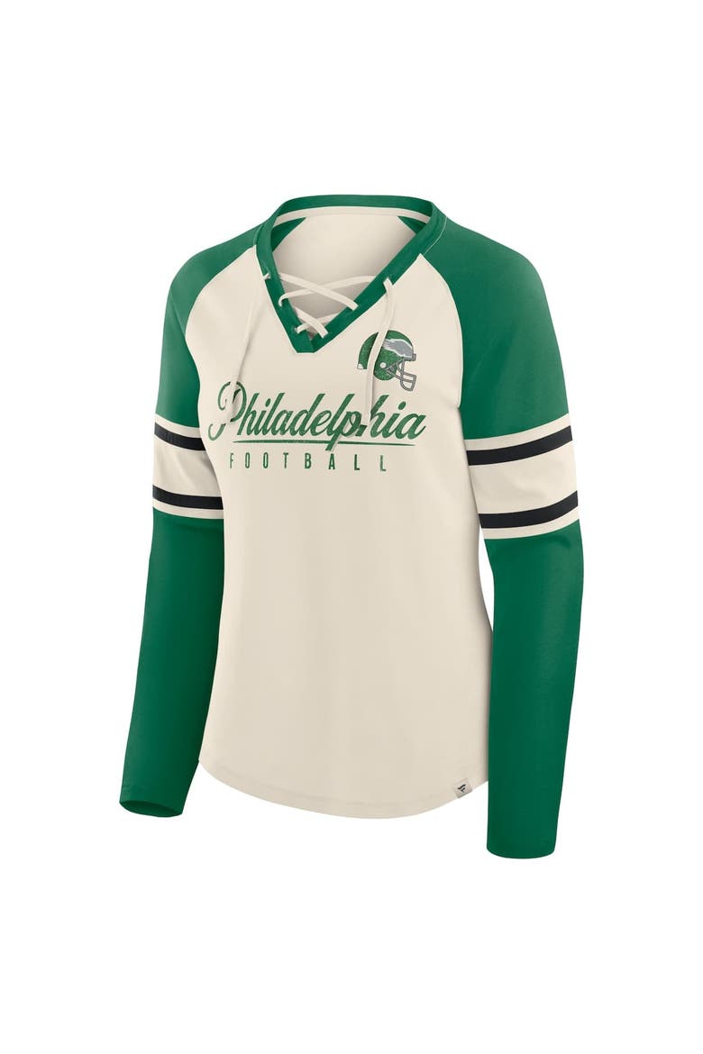 Women's Fanatics Cream/Kelly Green Philadelphia Eagles Hometown Gridiron Hero Raglan Lace-Up V-Neck Long Sleeve T-Shirt, Alternate, color, Cream