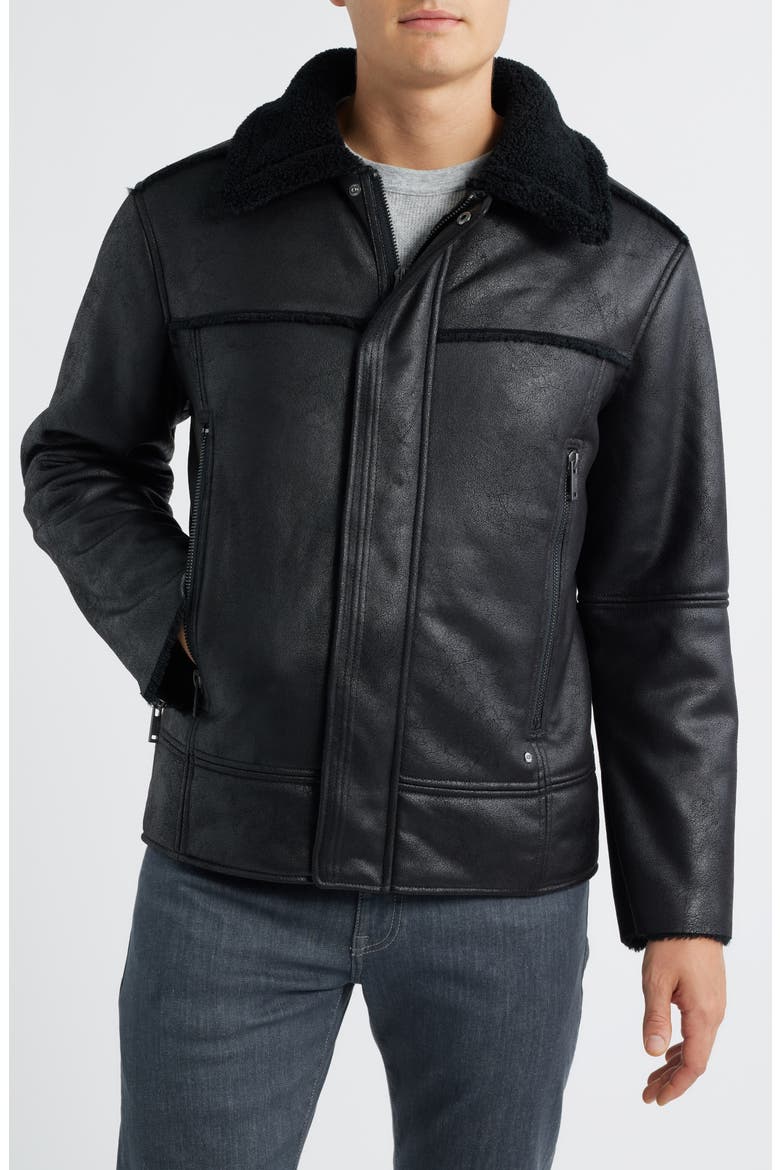 Thayden Luxefluff Faux Leather Jacket with Faux Shearling Collar, Alternate, color, BLACK