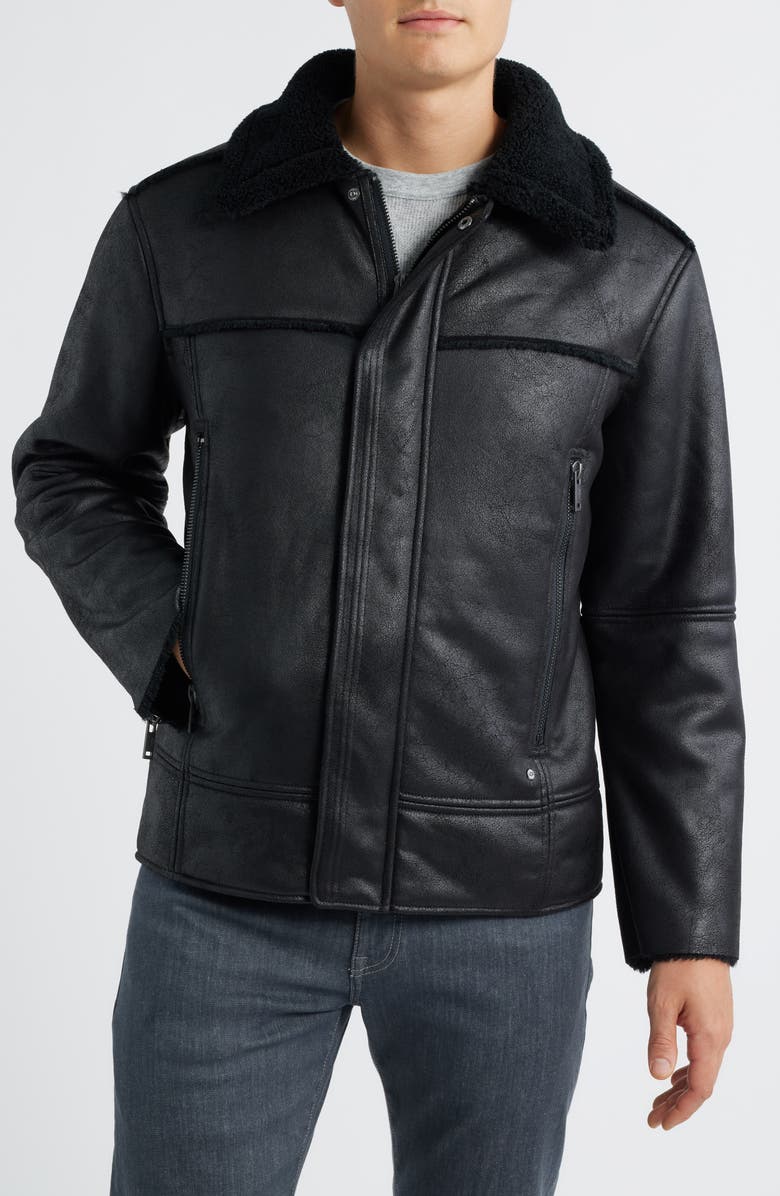 UGG<sup>®</sup> Thayden Luxefluff Faux Leather Jacket with Faux Shearling Collar, Alternate, color, Black