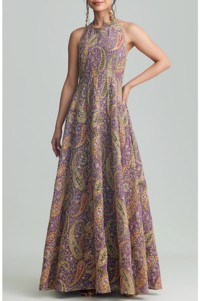 Zena Embellished Halter Gown, Alternate, color, PURPLE