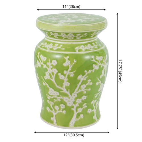 Jonathan Y Cherry Blossom 17.75" Ceramic Garden Stool In Green/white