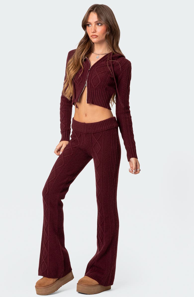 EDIKTED Ray Cable Knit Hooded Crop Cardigan, Alternate, color, Burgundy