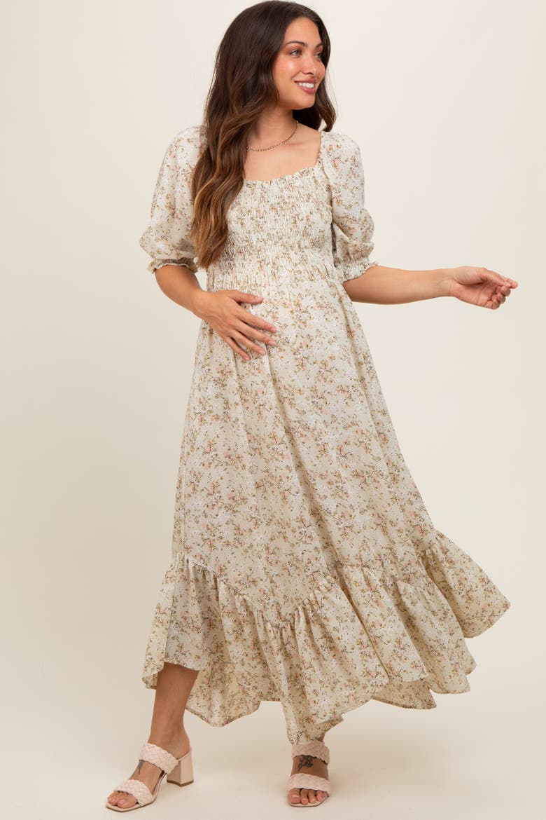 Smocked Handkerchief Hem Dress, Main, color, Light Olive
