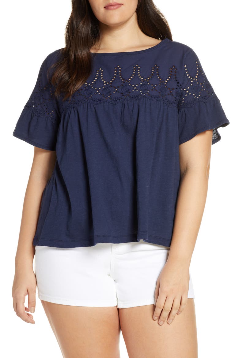 Flutter Sleeve Eyelet Babydoll Top, Alternate, color, NAVY
