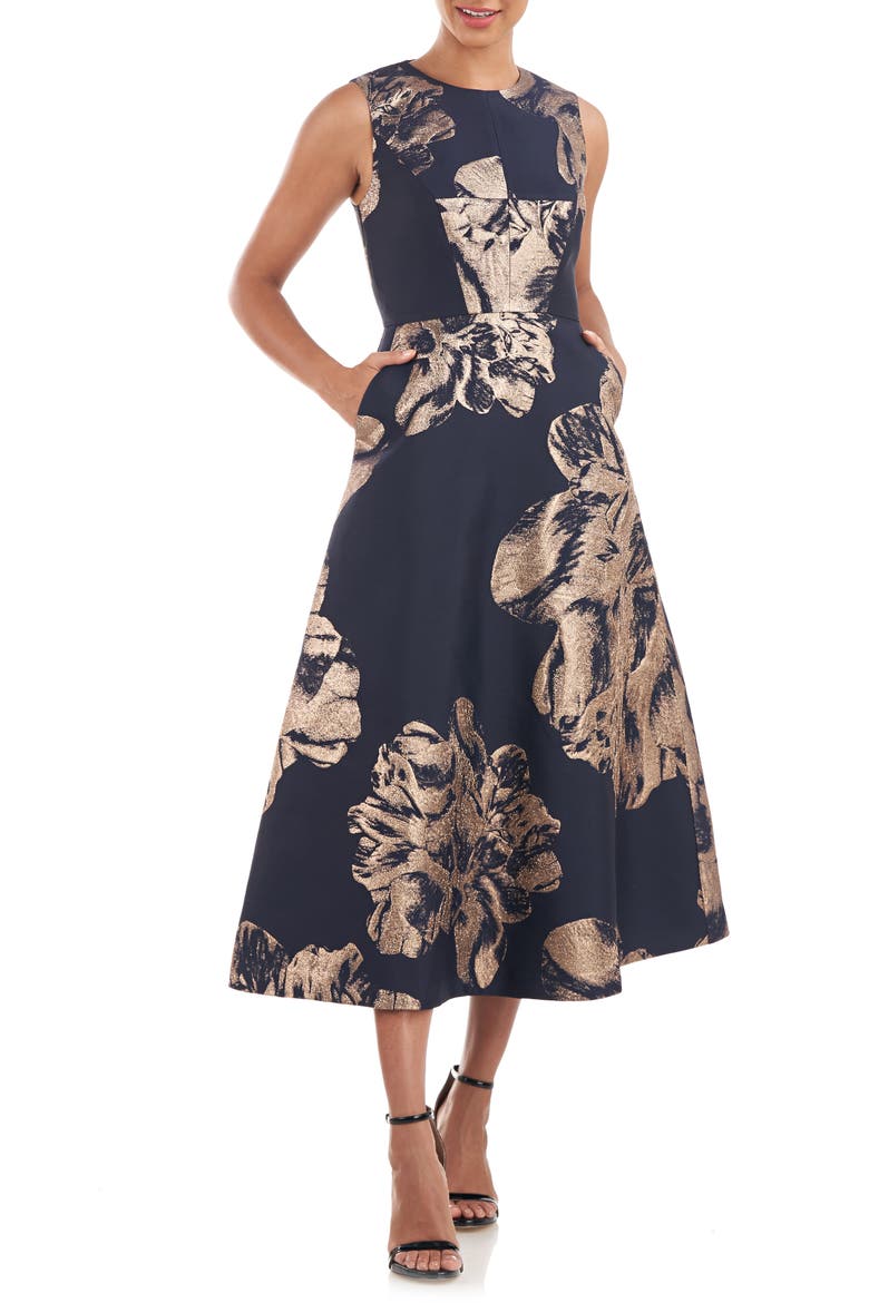 Molly Floral Metallic Jacquard A-Line Midi Dress, Main, color, NAVY/ BRONZE