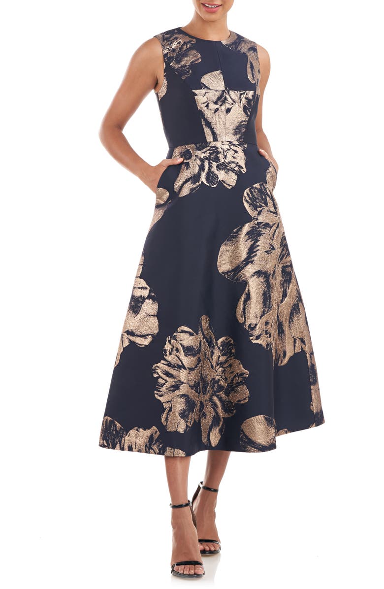 Kay Unger Molly Floral Metallic Jacquard A-Line Midi Dress, Main, color,