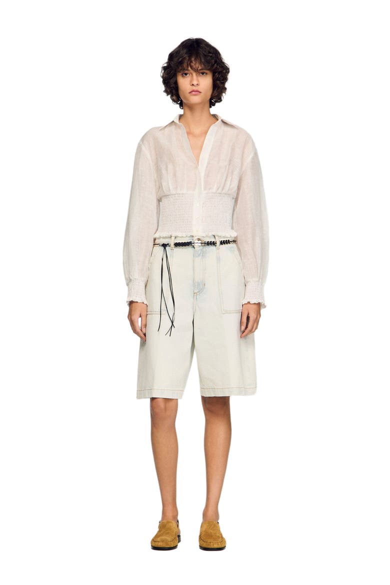 Smocked linen shirt, Alternate, color, White