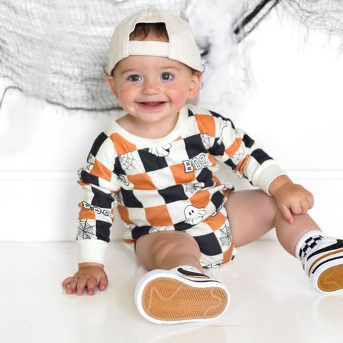 Sweet Wink Boo Checkered Halloween Long Sleeve Romper In Neutral