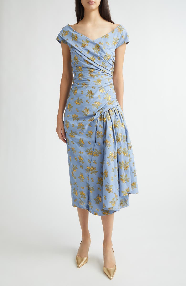 Lela Rose Metallic Floral Ruched Cotton Blend Jacquard Cocktail Dress, Main, color, Bluebell