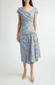Lela Rose Metallic Floral Ruched Cotton Blend Jacquard Cocktail Dress