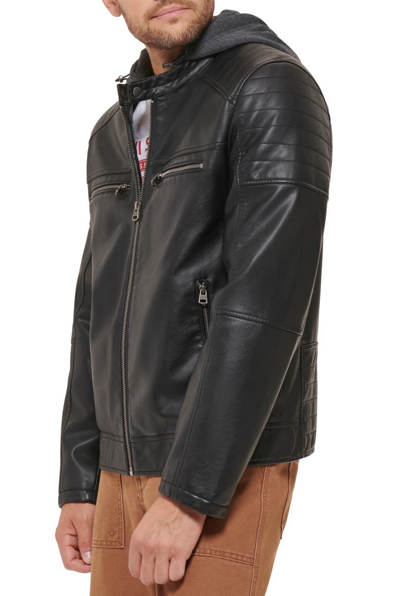 Faux Leather Hooded Moto Racer Jacket, Alternate, color, BLACK