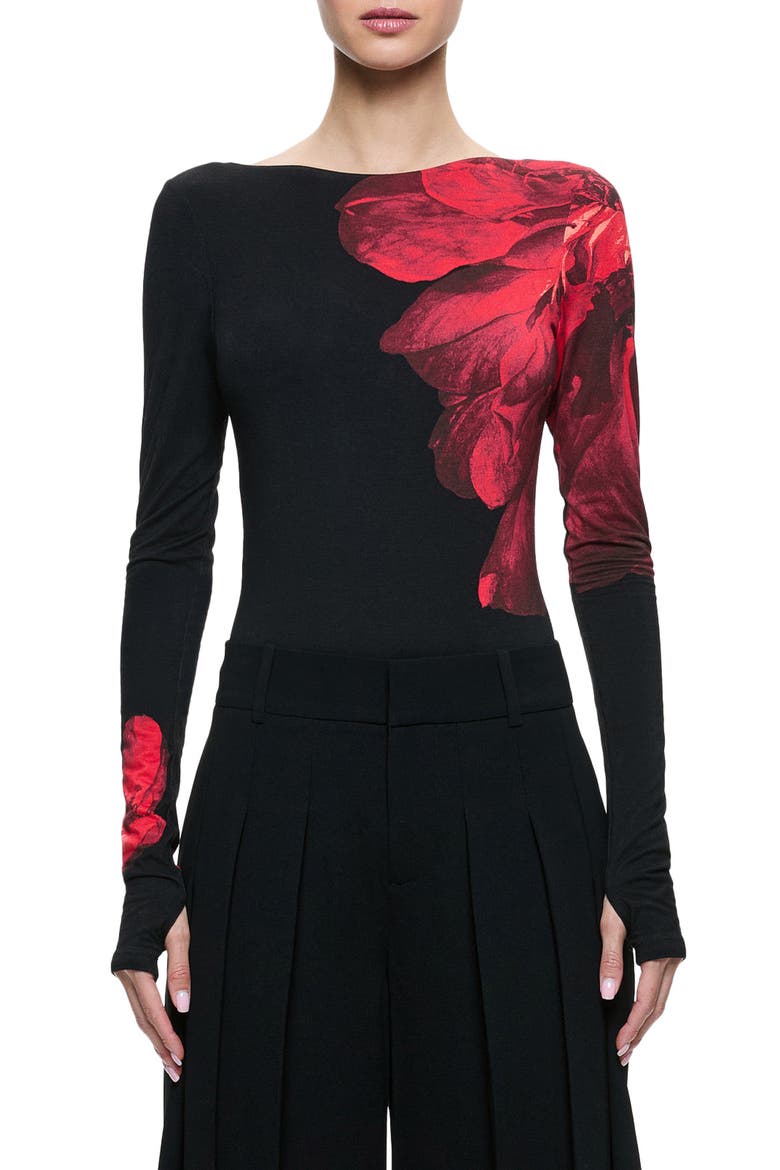 Masako Print Bodysuit, Main, color, PEONY PETALS BRIGHT RUBY