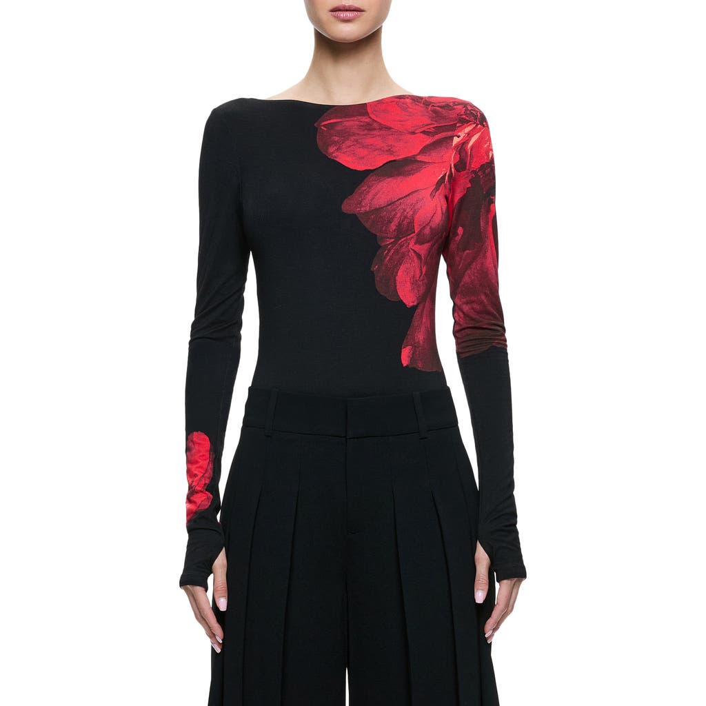 Alice And Olivia Masako Long Sleeve Open Back Bodysuit With Thumbholes In Peony Petals Bright Ruby